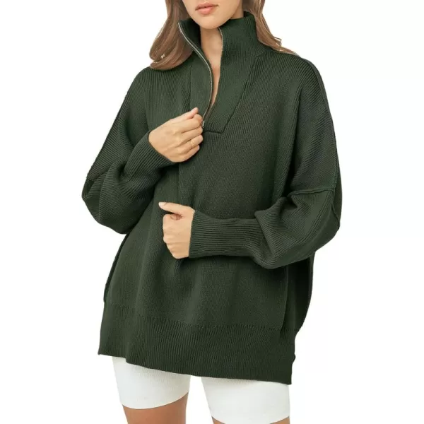 imagePRETTYGARDEN Womens Fall Pullover Oversized Sweaters Casual Long Sleeve Zip Up Lapel V Neck Knitted Winter TopsArmy Green