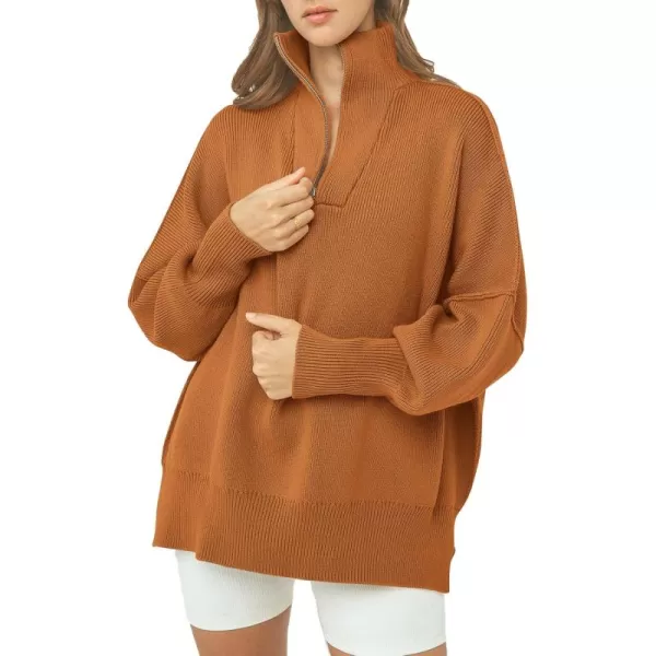 imagePRETTYGARDEN Womens Fall Pullover Oversized Sweaters Casual Long Sleeve Zip Up Lapel V Neck Knitted Winter TopsDark Khaki