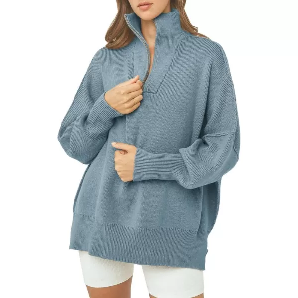 imagePRETTYGARDEN Womens Fall Pullover Oversized Sweaters Casual Long Sleeve Zip Up Lapel V Neck Knitted Winter TopsGrey Blue