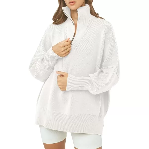 imagePRETTYGARDEN Womens Fall Pullover Oversized Sweaters Casual Long Sleeve Zip Up Lapel V Neck Knitted Winter TopsWhite