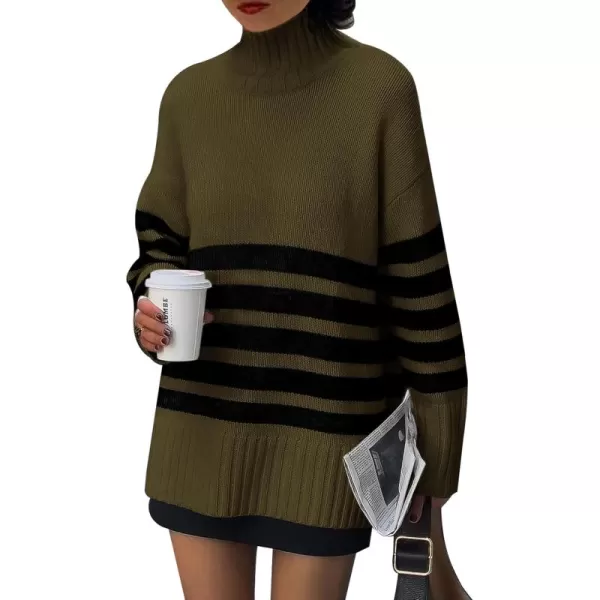 imagePRETTYGARDEN Womens Striped Sweaters Turtleneck Long Sleeve Tops Fall Outfits 2024 Trendy Oversized Knit Casual PulloverArmy Green