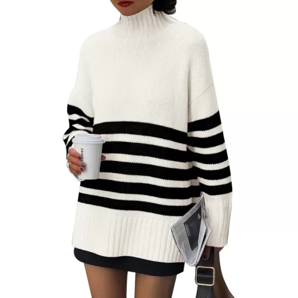 imagePRETTYGARDEN Womens Striped Sweaters Turtleneck Long Sleeve Tops Fall Outfits 2024 Trendy Oversized Knit Casual PulloverBeige White