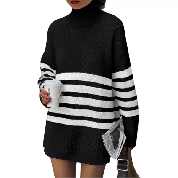 imagePRETTYGARDEN Womens Striped Sweaters Turtleneck Long Sleeve Tops Fall Outfits 2024 Trendy Oversized Knit Casual PulloverBlack
