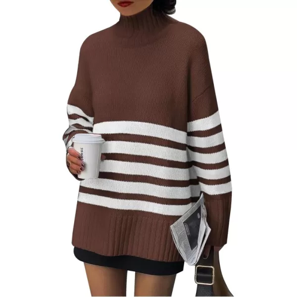 imagePRETTYGARDEN Womens Striped Sweaters Turtleneck Long Sleeve Tops Fall Outfits 2024 Trendy Oversized Knit Casual PulloverCoffee