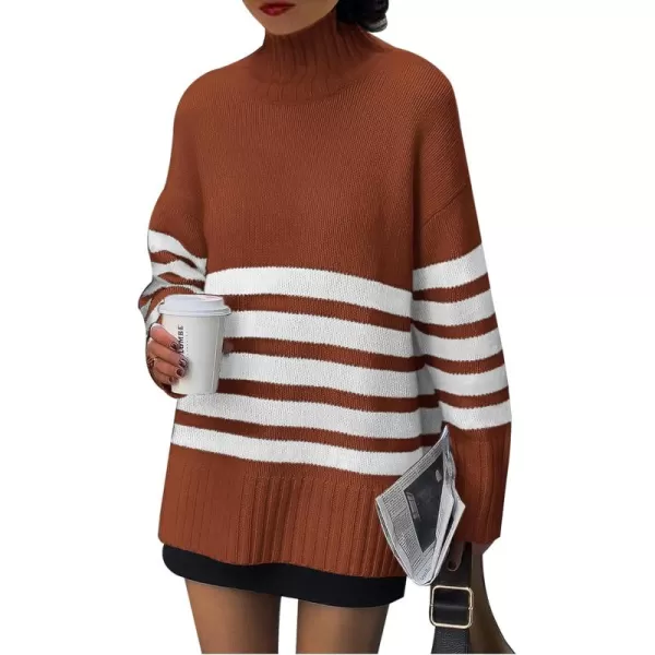 imagePRETTYGARDEN Womens Striped Sweaters Turtleneck Long Sleeve Tops Fall Outfits 2024 Trendy Oversized Knit Casual PulloverRust Red