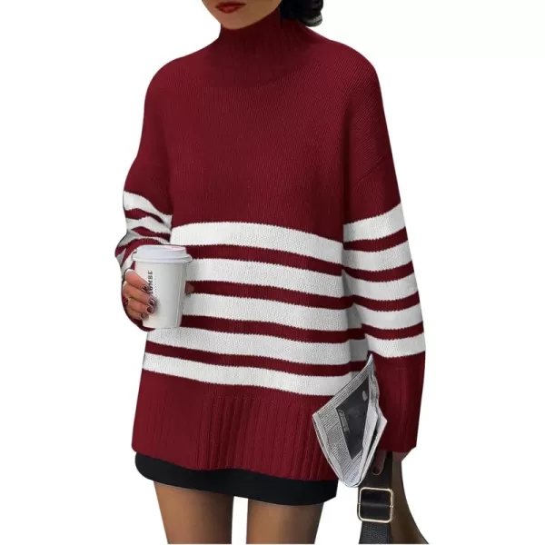imagePRETTYGARDEN Womens Striped Sweaters Turtleneck Long Sleeve Tops Fall Outfits 2024 Trendy Oversized Knit Casual PulloverWine Red
