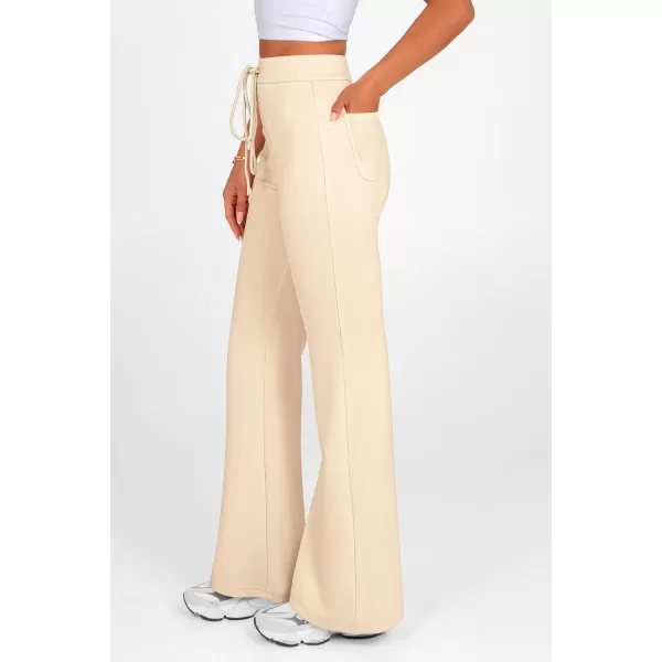 imagePRETTYGARDEN Womens 2024 Casual Flare Pants Elastic High Waisted Drawstring Bell Bottom Bootcut Leggings Lounge SweatpantsBeige