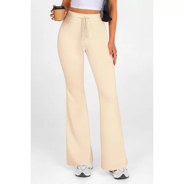 imagePRETTYGARDEN Womens 2024 Casual Flare Pants Elastic High Waisted Drawstring Bell Bottom Bootcut Leggings Lounge SweatpantsBeige