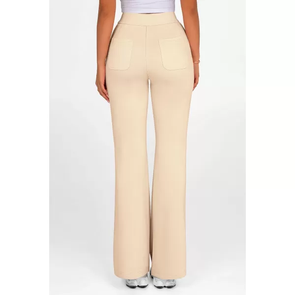 imagePRETTYGARDEN Womens 2024 Casual Flare Pants Elastic High Waisted Drawstring Bell Bottom Bootcut Leggings Lounge SweatpantsBeige