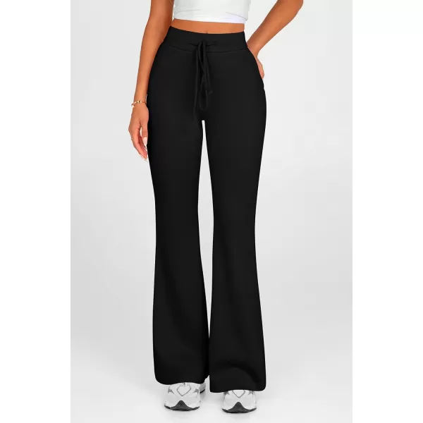 imagePRETTYGARDEN Womens 2024 Casual Flare Pants Elastic High Waisted Drawstring Bell Bottom Bootcut Leggings Lounge SweatpantsBlack