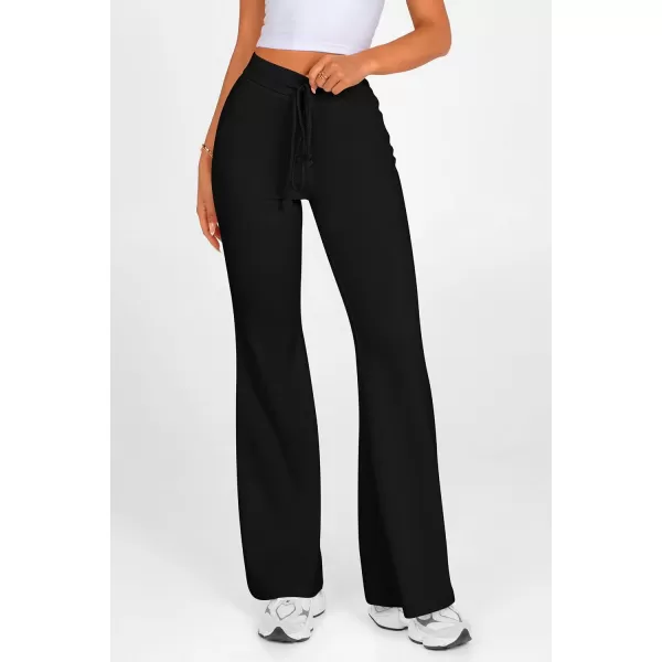 imagePRETTYGARDEN Womens 2024 Casual Flare Pants Elastic High Waisted Drawstring Bell Bottom Bootcut Leggings Lounge SweatpantsBlack