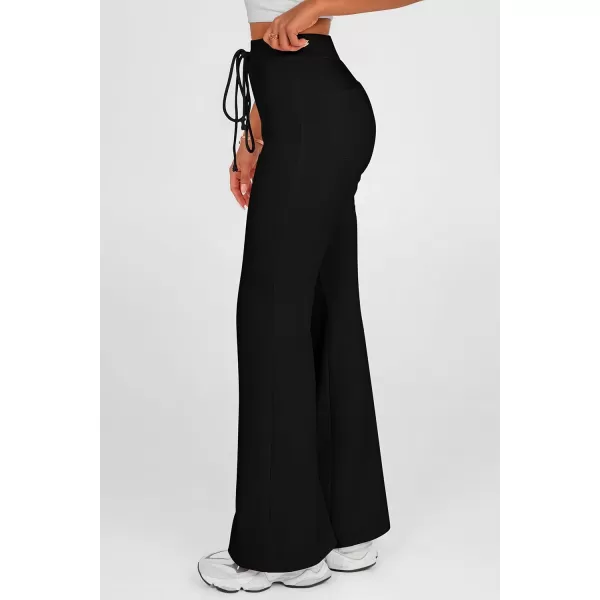 imagePRETTYGARDEN Womens 2024 Casual Flare Pants Elastic High Waisted Drawstring Bell Bottom Bootcut Leggings Lounge SweatpantsBlack