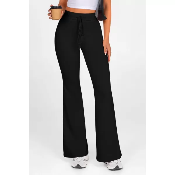 imagePRETTYGARDEN Womens 2024 Casual Flare Pants Elastic High Waisted Drawstring Bell Bottom Bootcut Leggings Lounge SweatpantsBlack