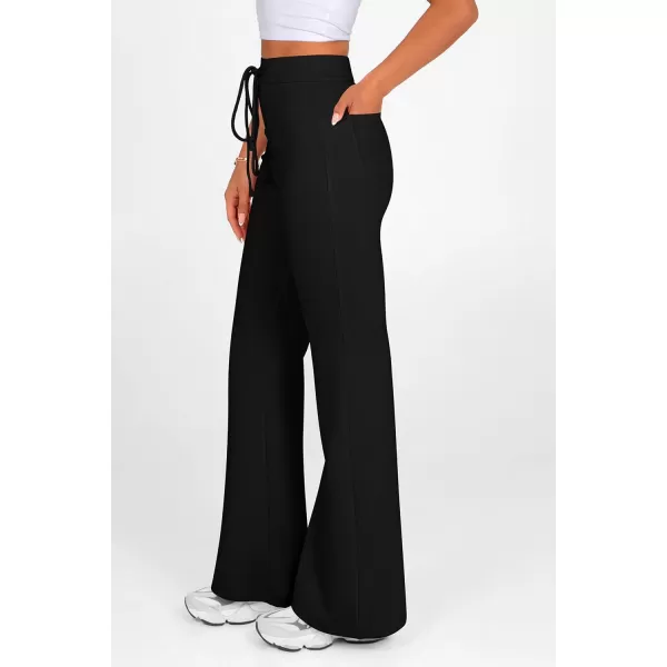 imagePRETTYGARDEN Womens 2024 Casual Flare Pants Elastic High Waisted Drawstring Bell Bottom Bootcut Leggings Lounge SweatpantsBlack