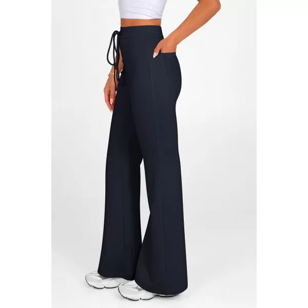 imagePRETTYGARDEN Womens 2024 Casual Flare Pants Elastic High Waisted Drawstring Bell Bottom Bootcut Leggings Lounge SweatpantsDark Blue