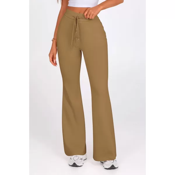 imagePRETTYGARDEN Womens 2024 Casual Flare Pants Elastic High Waisted Drawstring Bell Bottom Bootcut Leggings Lounge SweatpantsKhaki