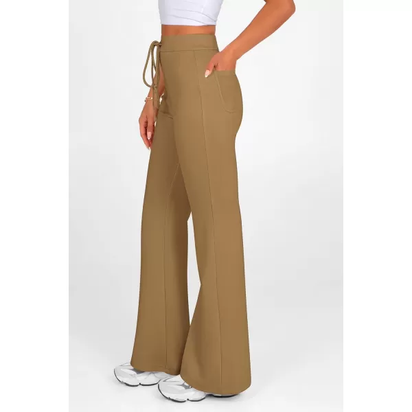 imagePRETTYGARDEN Womens 2024 Casual Flare Pants Elastic High Waisted Drawstring Bell Bottom Bootcut Leggings Lounge SweatpantsKhaki