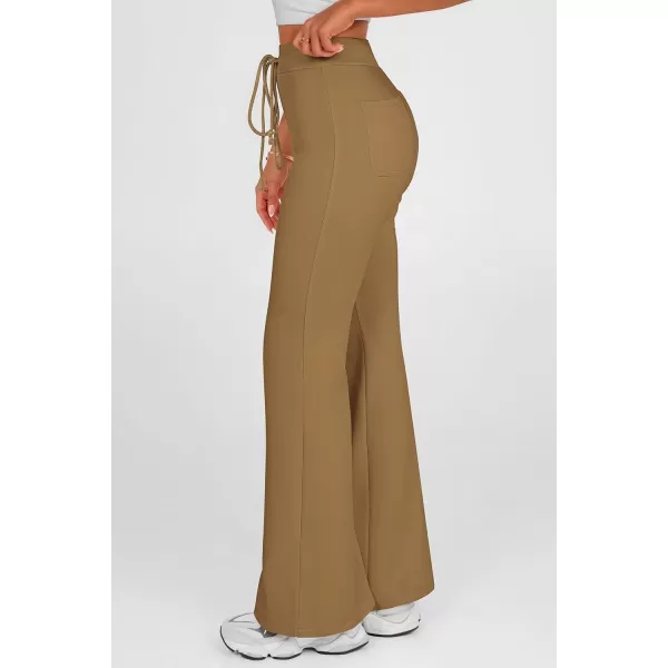 imagePRETTYGARDEN Womens 2024 Casual Flare Pants Elastic High Waisted Drawstring Bell Bottom Bootcut Leggings Lounge SweatpantsKhaki