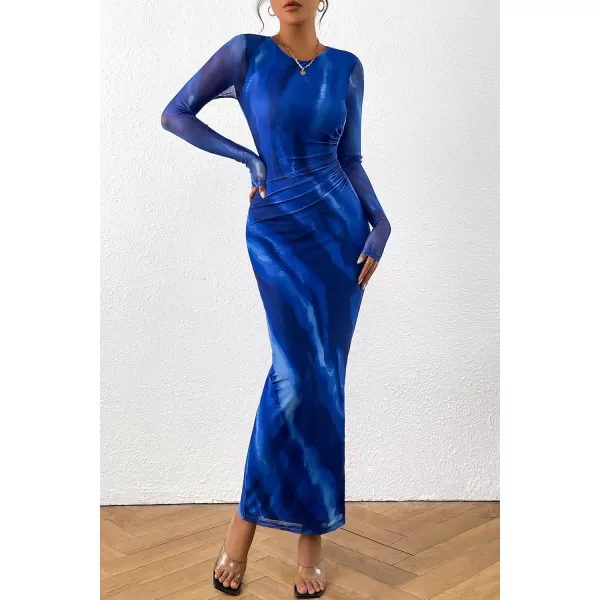 imagePRETTYGARDEN Womens Bodycon Maxi Dress Fall Fashion Long Sleeve Floral Print Tight Fitted Party Club Ruched DressesBlue Watercolor