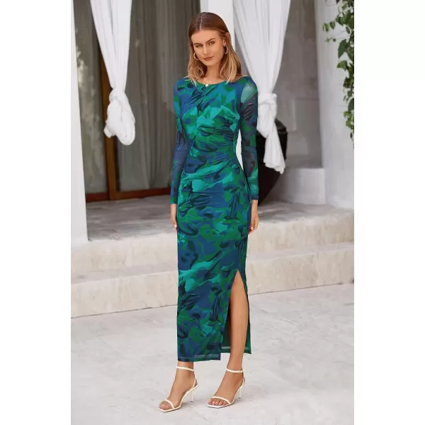 imagePRETTYGARDEN Womens Bodycon Maxi Dress Fall Fashion Long Sleeve Floral Print Tight Fitted Party Club Ruched DressesGreen