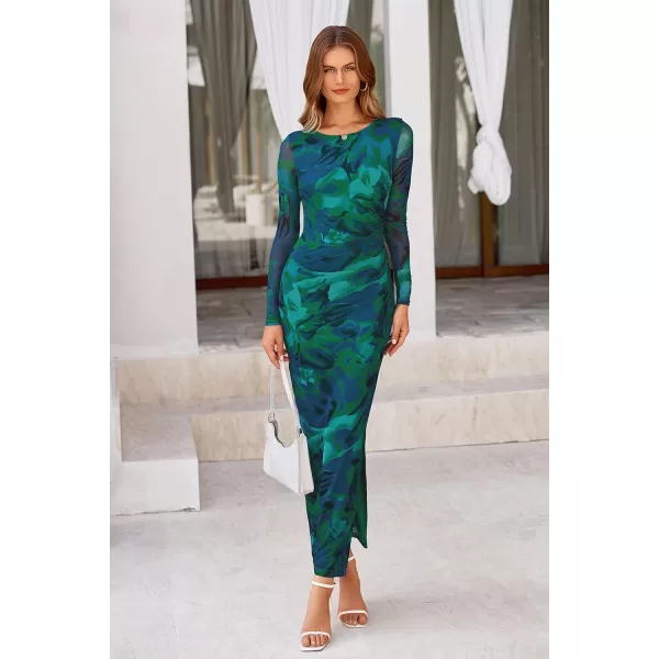 imagePRETTYGARDEN Womens Bodycon Maxi Dress Fall Fashion Long Sleeve Floral Print Tight Fitted Party Club Ruched DressesGreen