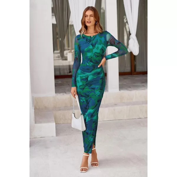 imagePRETTYGARDEN Womens Bodycon Maxi Dress Fall Fashion Long Sleeve Floral Print Tight Fitted Party Club Ruched DressesGreen
