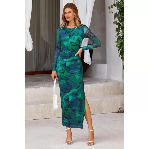 imagePRETTYGARDEN Womens Bodycon Maxi Dress Fall Fashion Long Sleeve Floral Print Tight Fitted Party Club Ruched DressesGreen