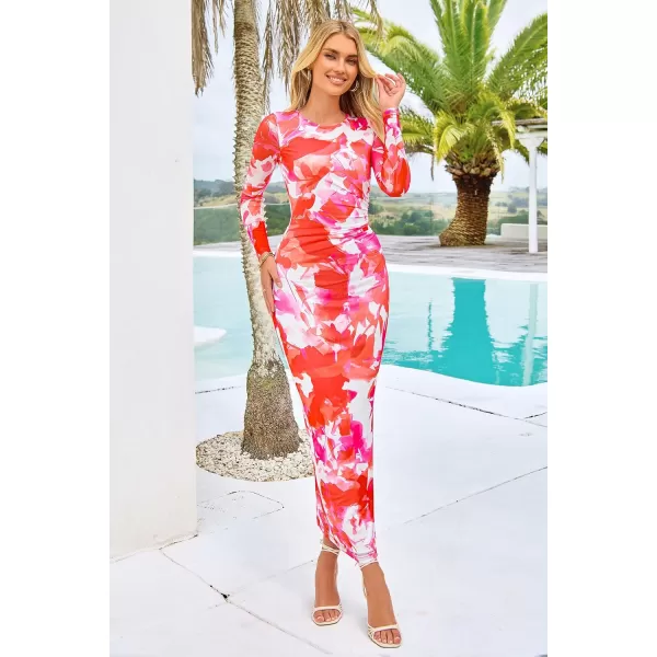 imagePRETTYGARDEN Womens Bodycon Maxi Dress Fall Fashion Long Sleeve Floral Print Tight Fitted Party Club Ruched DressesLight Orange