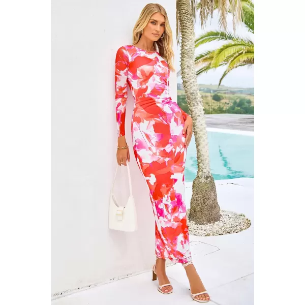 imagePRETTYGARDEN Womens Bodycon Maxi Dress Fall Fashion Long Sleeve Floral Print Tight Fitted Party Club Ruched DressesLight Orange