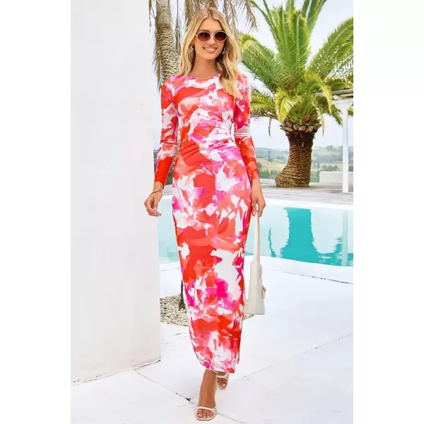 imagePRETTYGARDEN Womens Bodycon Maxi Dress Fall Fashion Long Sleeve Floral Print Tight Fitted Party Club Ruched DressesLight Orange
