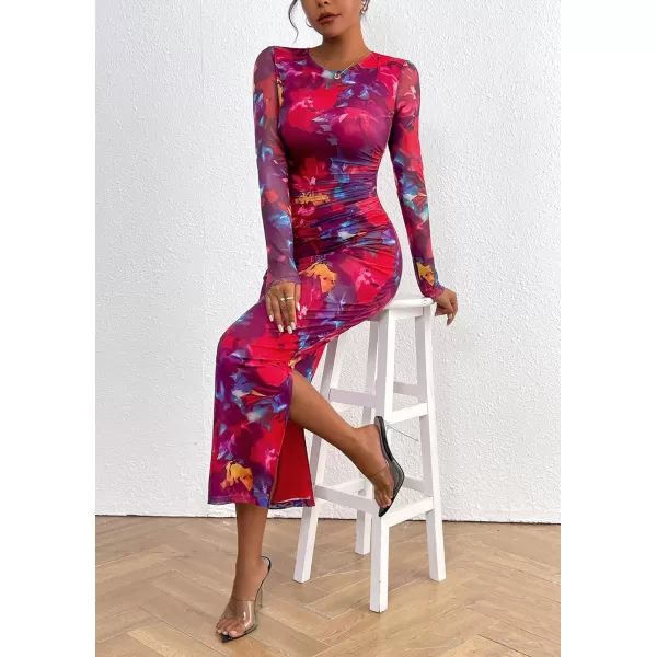 imagePRETTYGARDEN Womens Bodycon Maxi Dress Fall Fashion Long Sleeve Floral Print Tight Fitted Party Club Ruched DressesNavy Red Big Floral