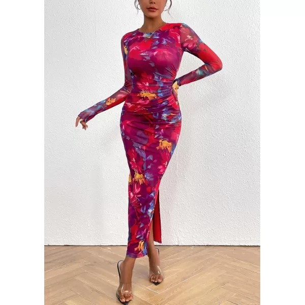 imagePRETTYGARDEN Womens Bodycon Maxi Dress Fall Fashion Long Sleeve Floral Print Tight Fitted Party Club Ruched DressesNavy Red Big Floral