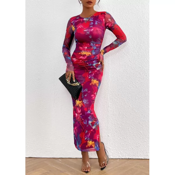 imagePRETTYGARDEN Womens Bodycon Maxi Dress Fall Fashion Long Sleeve Floral Print Tight Fitted Party Club Ruched DressesNavy Red Big Floral