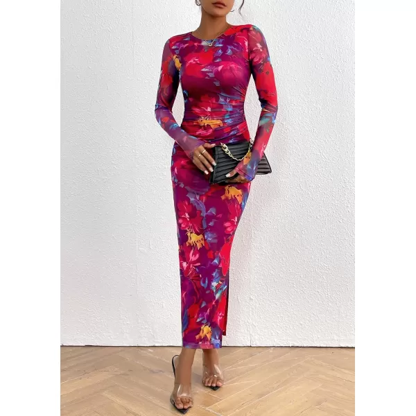 imagePRETTYGARDEN Womens Bodycon Maxi Dress Fall Fashion Long Sleeve Floral Print Tight Fitted Party Club Ruched DressesNavy Red Big Floral