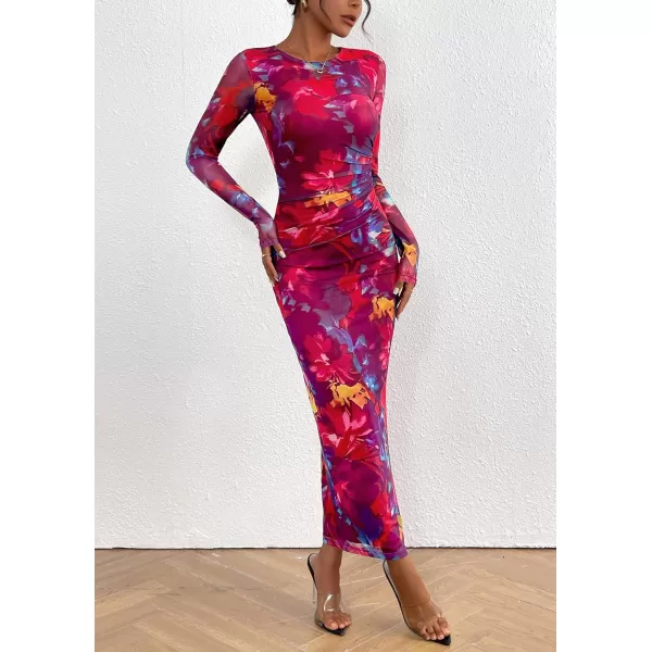 imagePRETTYGARDEN Womens Bodycon Maxi Dress Fall Fashion Long Sleeve Floral Print Tight Fitted Party Club Ruched DressesNavy Red Big Floral