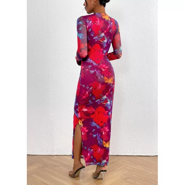 imagePRETTYGARDEN Womens Bodycon Maxi Dress Fall Fashion Long Sleeve Floral Print Tight Fitted Party Club Ruched DressesNavy Red Big Floral