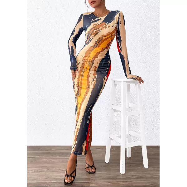 imagePRETTYGARDEN Womens Bodycon Maxi Dress Fall Fashion Long Sleeve Floral Print Tight Fitted Party Club Ruched DressesNavy Watercolor