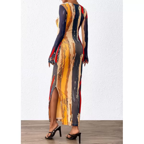 imagePRETTYGARDEN Womens Bodycon Maxi Dress Fall Fashion Long Sleeve Floral Print Tight Fitted Party Club Ruched DressesNavy Watercolor