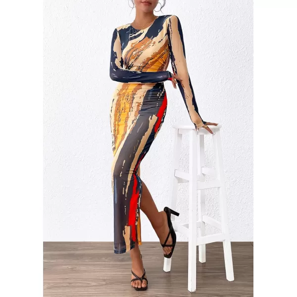 imagePRETTYGARDEN Womens Bodycon Maxi Dress Fall Fashion Long Sleeve Floral Print Tight Fitted Party Club Ruched DressesNavy Watercolor