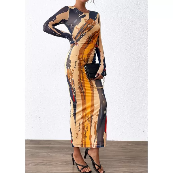 imagePRETTYGARDEN Womens Bodycon Maxi Dress Fall Fashion Long Sleeve Floral Print Tight Fitted Party Club Ruched DressesNavy Watercolor