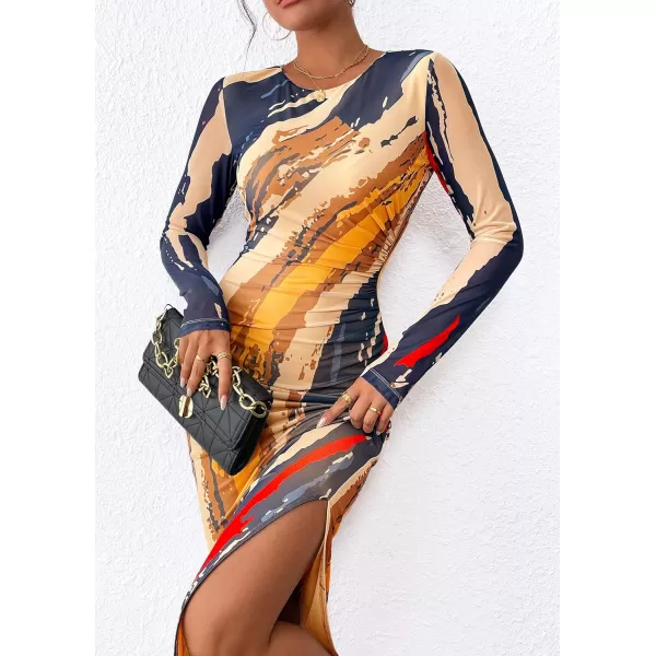 imagePRETTYGARDEN Womens Bodycon Maxi Dress Fall Fashion Long Sleeve Floral Print Tight Fitted Party Club Ruched DressesNavy Watercolor