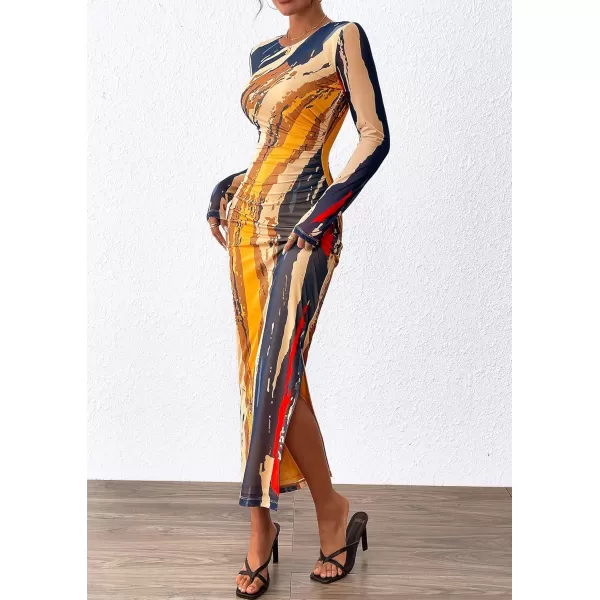 imagePRETTYGARDEN Womens Bodycon Maxi Dress Fall Fashion Long Sleeve Floral Print Tight Fitted Party Club Ruched DressesNavy Watercolor
