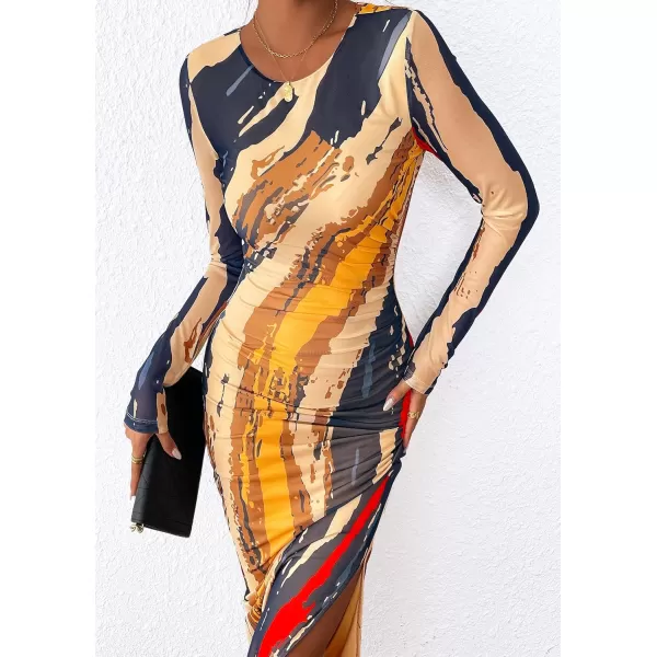 imagePRETTYGARDEN Womens Bodycon Maxi Dress Fall Fashion Long Sleeve Floral Print Tight Fitted Party Club Ruched DressesNavy Watercolor