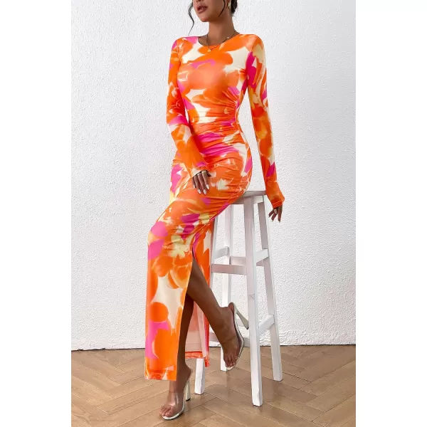 imagePRETTYGARDEN Womens Bodycon Maxi Dress Fall Fashion Long Sleeve Floral Print Tight Fitted Party Club Ruched DressesOrange Rose Red
