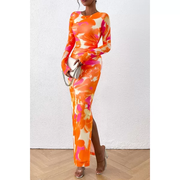 imagePRETTYGARDEN Womens Bodycon Maxi Dress Fall Fashion Long Sleeve Floral Print Tight Fitted Party Club Ruched DressesOrange Rose Red
