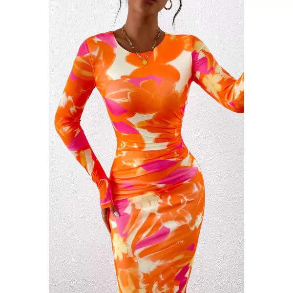 imagePRETTYGARDEN Womens Bodycon Maxi Dress Fall Fashion Long Sleeve Floral Print Tight Fitted Party Club Ruched DressesOrange Rose Red