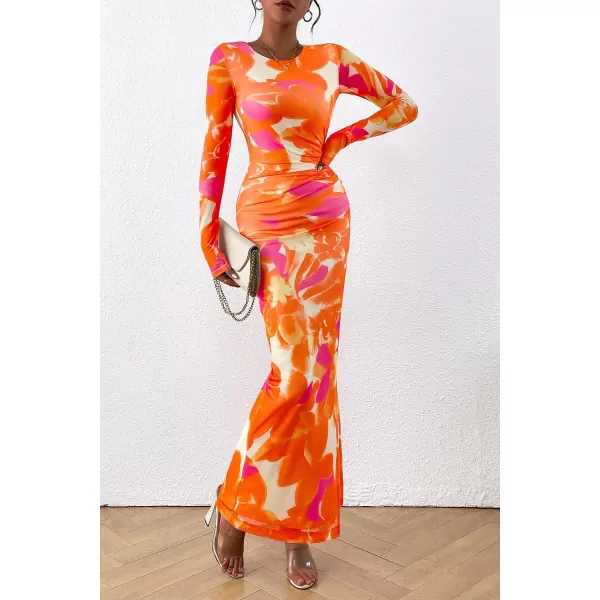 imagePRETTYGARDEN Womens Bodycon Maxi Dress Fall Fashion Long Sleeve Floral Print Tight Fitted Party Club Ruched DressesOrange Rose Red