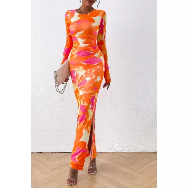 imagePRETTYGARDEN Womens Bodycon Maxi Dress Fall Fashion Long Sleeve Floral Print Tight Fitted Party Club Ruched DressesOrange Rose Red