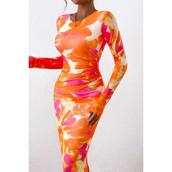 imagePRETTYGARDEN Womens Bodycon Maxi Dress Fall Fashion Long Sleeve Floral Print Tight Fitted Party Club Ruched DressesOrange Rose Red