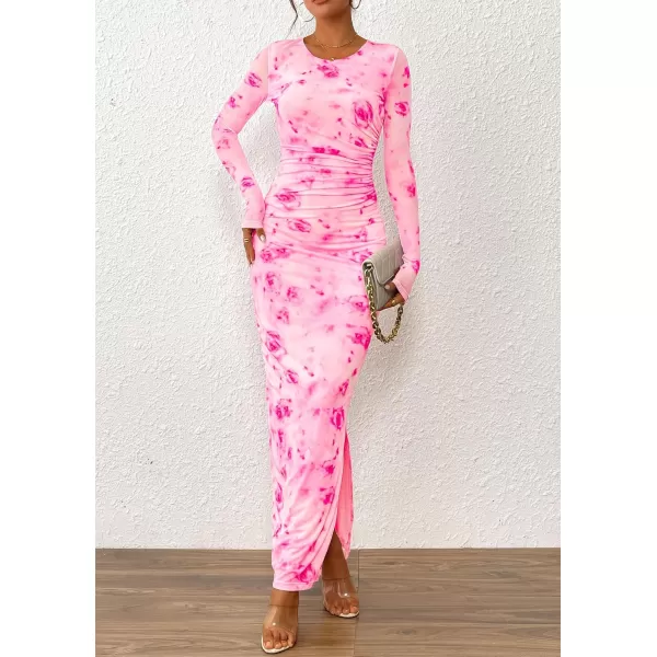 imagePRETTYGARDEN Womens Bodycon Maxi Dress Fall Fashion Long Sleeve Floral Print Tight Fitted Party Club Ruched DressesPink Red Floral